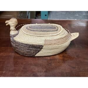 Vintage Duck Bird Wicker Basket With Lid - 6.5x14.5”